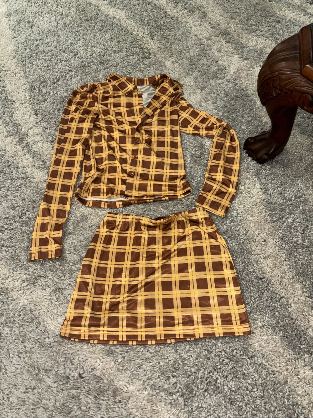With Jean Yellow & Brown Plaid Two-Piece Set - Crop Jacket + Mini Skirt